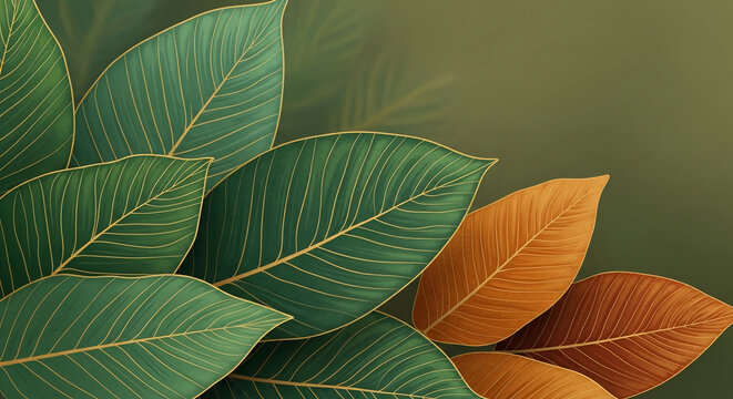 Several green and brown stylized leaves with golden veins against a solid green background, representing growth, nature, and sophisticated design