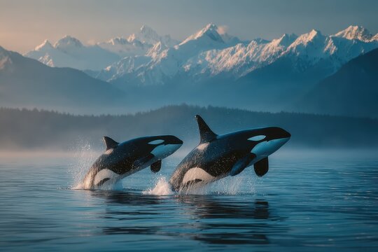 Two orcas jump out of water in Alaska with snowy mountains in background, early morning light illuminates the scene