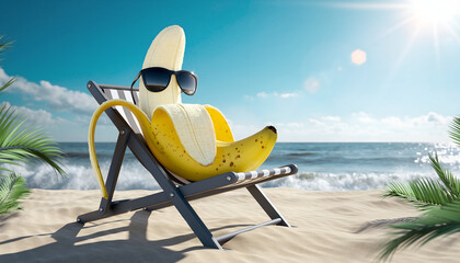Funny Banana Relaxing on a Beach Chair – Surreal Concept