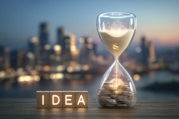 An hourglass filled with coins symbolizes the passage of time linked to money, creativity, and ideas in a bustling city backdrop, inspiring business growth and innovation