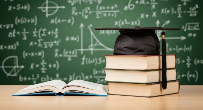 Graduation cap placed on a stack of books with an open book in front, symbolizing education and learning in a classroom setting