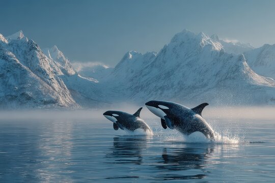 Two orcas jump out of water in Alaska with snowy mountains in background, early morning light illuminates the scene - Powered by Adobe
