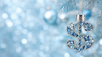 A sparkling dollar sign ornament hangs from a blue-tinted Christmas tree branch, reflecting themes of money and wealth during the joyful holiday season, emphasizing financial success and investment