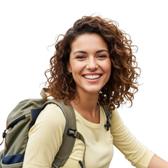 Young woman with curly hair wearing a backpack isolated on transparent background