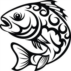 Black line drawing shows a fish with unique tribal swirl patterns along body