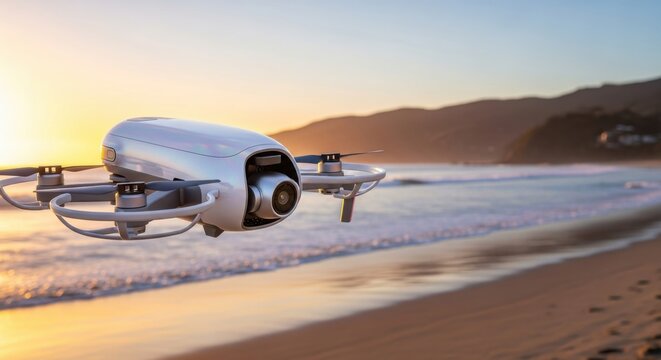Drone flying over beach at sunset capturing scenic coast view with ocean waves - Powered by Adobe