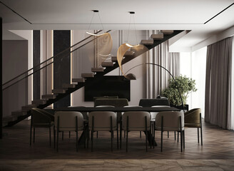 Luxury dining room with modern staircase, wooden flooring, and elegant lighting. Minimalist interior style.