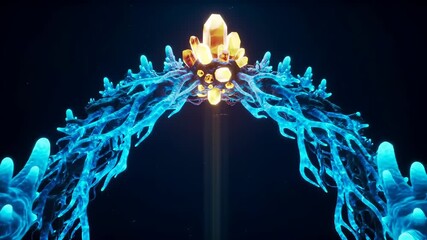 Keystone Species Role: Luminous blue roots and golden crystal arch embody vital ecosystem interconnectedness, symbolizing essential biological foundation and life energy.