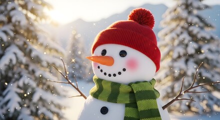 Snowman Joy Winter Scene with Festive Scarf & Hat in a Snowy Forest