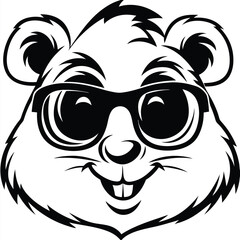 Cartoon chipmunk wearing sunglasses smiles showcasing its two buck teeth in black and white