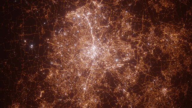 Leeds (United Kingdom) top view at night. Top view on modern city with street lights and glow effect. Camera is zooming in, rotating clockwise. Vertical video. The north is on the left side