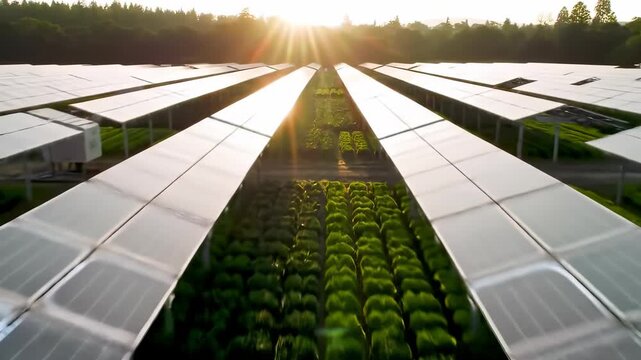 Agrivoltaics: Radiant sunrise illuminates solar panels integrated above lush green crops, driving sustainable agriculture and renewable energy on a modern farm.