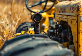 Closeup of an old yellow tractor shows a large black tire rusty metal wheel and worn steering wheel sitting outdoors in the sun with dried grass in the blurry background