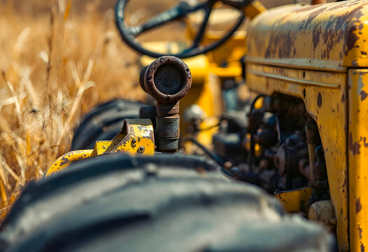 Closeup of an old yellow tractor shows a large black tire rusty metal wheel and worn steering wheel sitting outdoors in the sun with dried grass in the blurry background