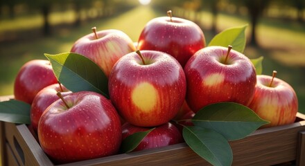 Freshly picked red apples in a wooden crate on a sunny day in the orchard