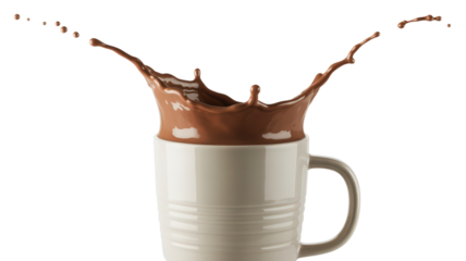 Chocolate Milk Splash in White Mug Isolated on Transparent Backdrop