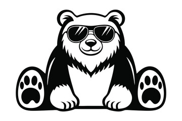 Cool bear cartoon character wearing sunglasses sits with its paws out in black and white