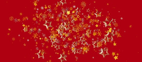 Elegant abstract background featuring gold stars and snowflakes floating on a vibrant red backdrop. Perfect for Christmas celebrations and holid