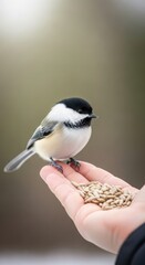 Naklejka premium Bird feeding in winter, a small chickadee perched on a hand with seeds on a snowy day in the forest