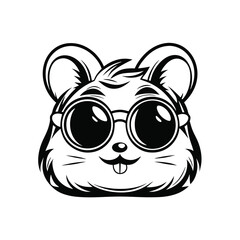 Cute hamster face with stylish round glasses in black and white line art