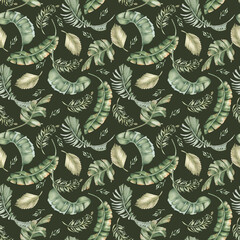 Tropical watercolor seamless pattern on dark. Different palm leaves print in soft tones hand drawn . Repeat background for beach textile and packaging. Exotic foliage endless pattern.