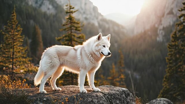 Majestic white wolf standing on a rock in a mountainous landscape at sunset, with pine trees and a warm golden light