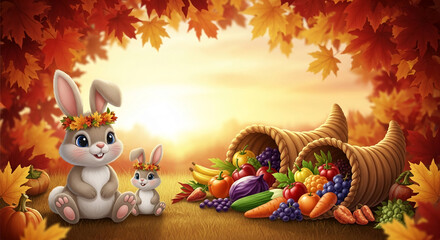 Fototapeta premium Cartoon bunnies with flower crown next to cornucopia overflowing with fruit and vegetable, under foliage, autumnal vibe, representing harvest