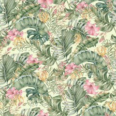 Exotic botanical seamless pattern isolated. Neutral lush foliage and tropical flowers print. Hand drawn palm leaves and hibiscus. Hawaii style wall art, beach wear, and packaging. Floral repeat.