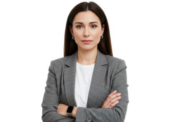 Confident woman in business suit arms crossed isolated on transparent background
