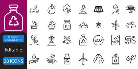 Eco and sustainabilyty icon set.  Recycle, Leaf, Solar Panel, Earth, Tree, Wind Turbine, Water Drop, Green Home, Electric Car, Reusable Bag and more icons. Vector illuatration
