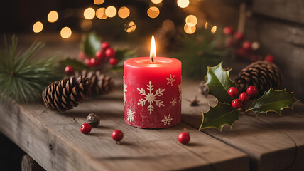 Red Snowflake Candle with Pinecones and Holly – Cozy Christmas Decor on Rustic Wood with Warm String Lights happy christmas day