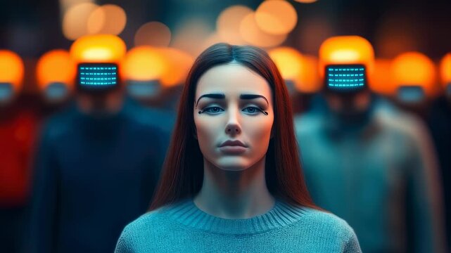Futuristic urban scene with emotionless figures in vibrant neon lighting
