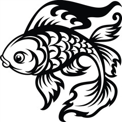 Decorative silhouette shows fancy goldfish with ornate fins in bold black lines