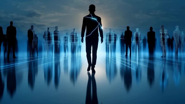 Futuristic business transformation: silhouetted professionals walking toward a digital cityscape