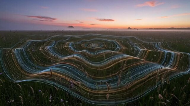 Dynamic light trails weave mesmerizing patterns across a serene field at twilight, creating an abstract, ethereal landscape that evokes wonder and innovation in motion.