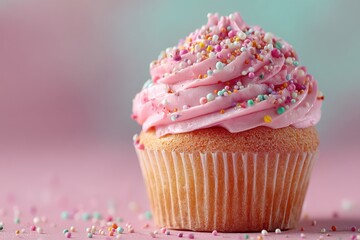 Vanilla cupcake with pink frosting and colorful sprinkles on a light pink background