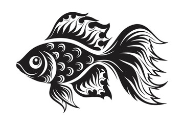 Detailed monochrome drawing shows a beautiful goldfish with elaborate fins and flowing tail