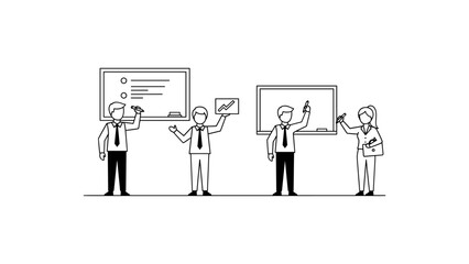 Business people presenting ideas on whiteboards