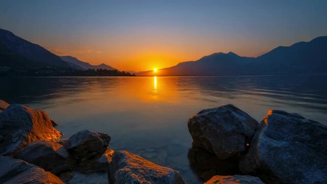 A vibrant sunset over a calm lake casting an orange glow on the water and silhouetted mountains Large rocks in the foreground catch the warm light