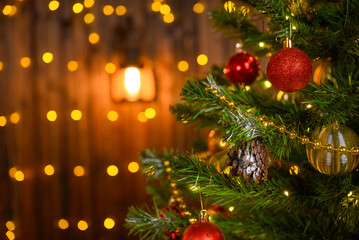 Christmas tree with ornaments and festive lights