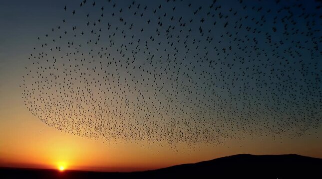 starling murmuration, birds at sunset, flock of starlings, birds in sky, sunset wildlife, flying birds, inspirational nature, bird silhouette, starlings horizon, sunset sky birds, nature travel video,