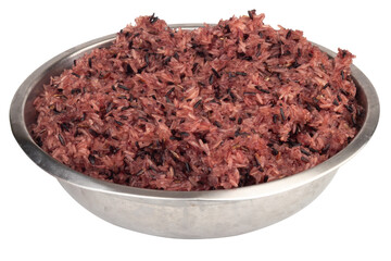 Black sticky rice is in the stainless steel bowl on white background