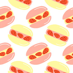 Cute seamless pattern with hand drawn flat strawberry macaroons. Seasonal summer background.
