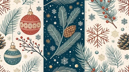 Winter holiday seamless pattern vector illustration set with Christmas tree, snowflakes, and festive decoration