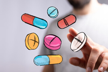 Colorful illustration of pills and capsules.  Perfect for healthcare, pharmacy, and medical concepts.