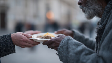 Senior African man with beard receives food from volunteer hand. Old black homeless man receiving food donation in winter city