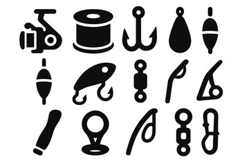 Fototapeta premium Fishing Gear Icons. Solid style icons of Fishing equipment parts: reel spool, line spool, hook, sinker, float, lure, swivel, rod