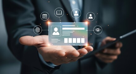 Profile information displayed on a digital interface held in hands