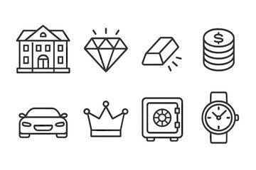 Wealth Iconography. Line style icons of Wealth: Mansion, Diamond, Gold Bar, Coin Stack, Car, Crown, Safe, Watch, No text, No