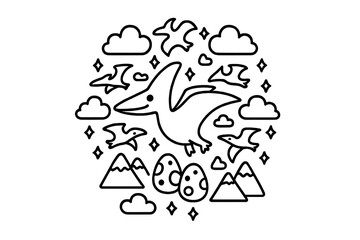 Fototapeta premium Pterodactyl Symmetry Art. Pterodactyl in the center with clouds, mountains, eggs, and flying shapes arranged in circular symmetry,